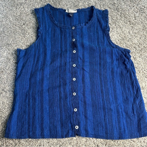 🎆 Universal thread linen flutter sleeve button down tank top small blue stripe - Picture 1 of 7